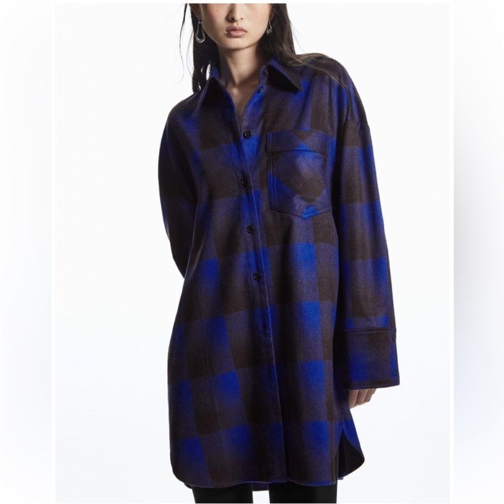 COS Plaid Wool Blend Dress Overshirt Women’s Blue Black Casual Oversized Sz XS